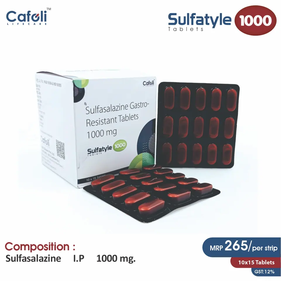 Sulfasalazine (1000mg) Tablet at the best price in PCD Pharma Franchise for Anti-inflammatory, Inflammatory Bowel Disease Treatment.